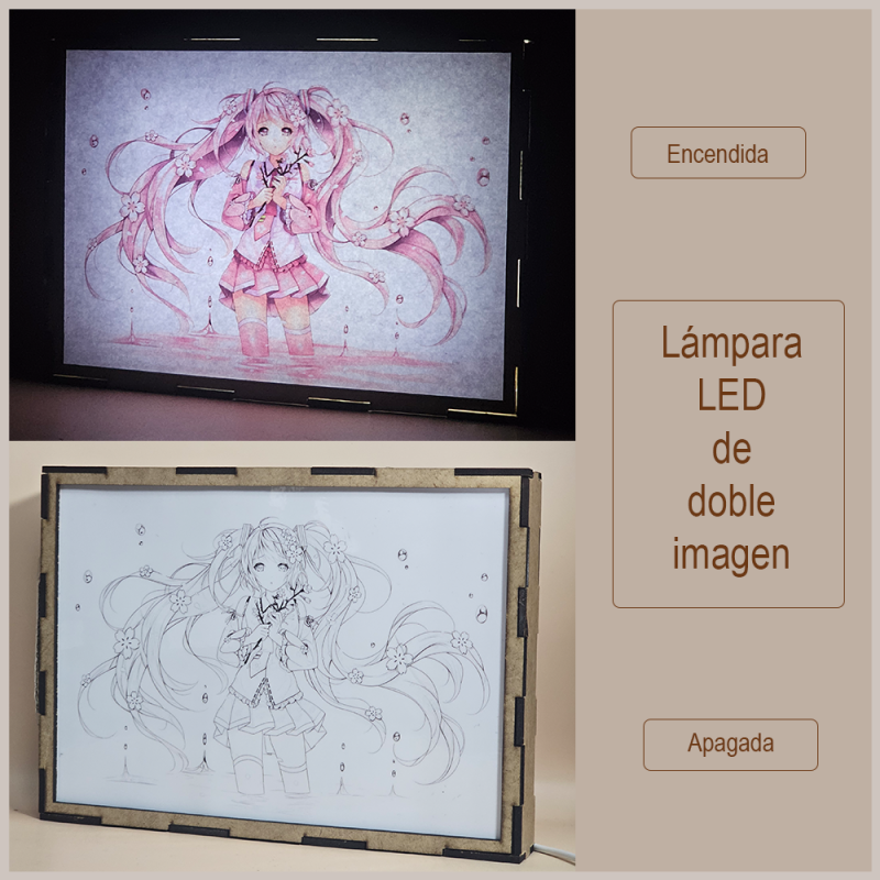 Lámpara ánime  Miku Hatsune  con doble imagen del personaje Miku Hatsune, vista apagada y encendida, donde se revela la ilustración completa al encender la luz LED.