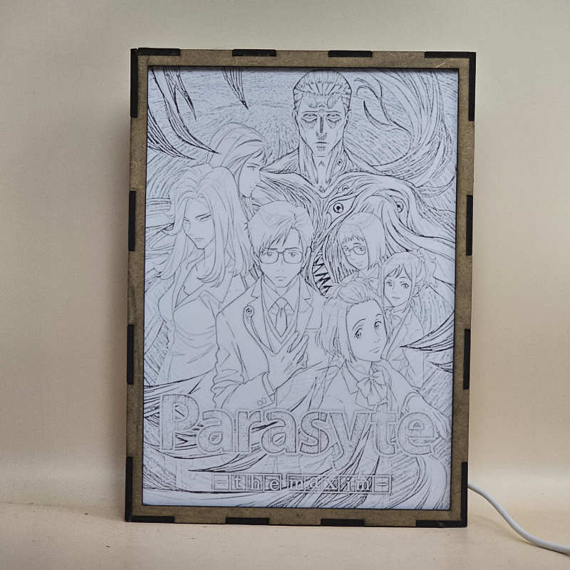 Lámpara ánime/manga  Parasyte  con doble imagen del grupo Migi, Satomi Murano, Ryoko Tamiya, Kana Kimishima, Yuko Tachikawa, Gotou y Shinichi Izumi, vista apagada, se esconde la imágen de atras.