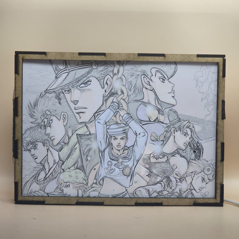 Lámpara ánime/manga  JoJo's Bizarre Adventure  con doble imagen del grupo Joseph Joestar, Jonathan Joestar, Jotaro Kujo, Josuke Higashikata, Giorno Giovanna, Jolyne Cujoh, Johnny Joestar y Josuke Higashikata, vista encendida, con luz ambiente, donde se revela la ilustración completa al encender la luz LED.