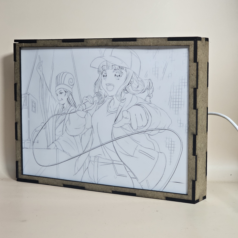 Lámpara ánime/manga  Paripi Koumei  con doble imagen de la pareja Eiko Tsukimi y Zhuge Kongming, vista apagada, se esconde la imágen de atras.