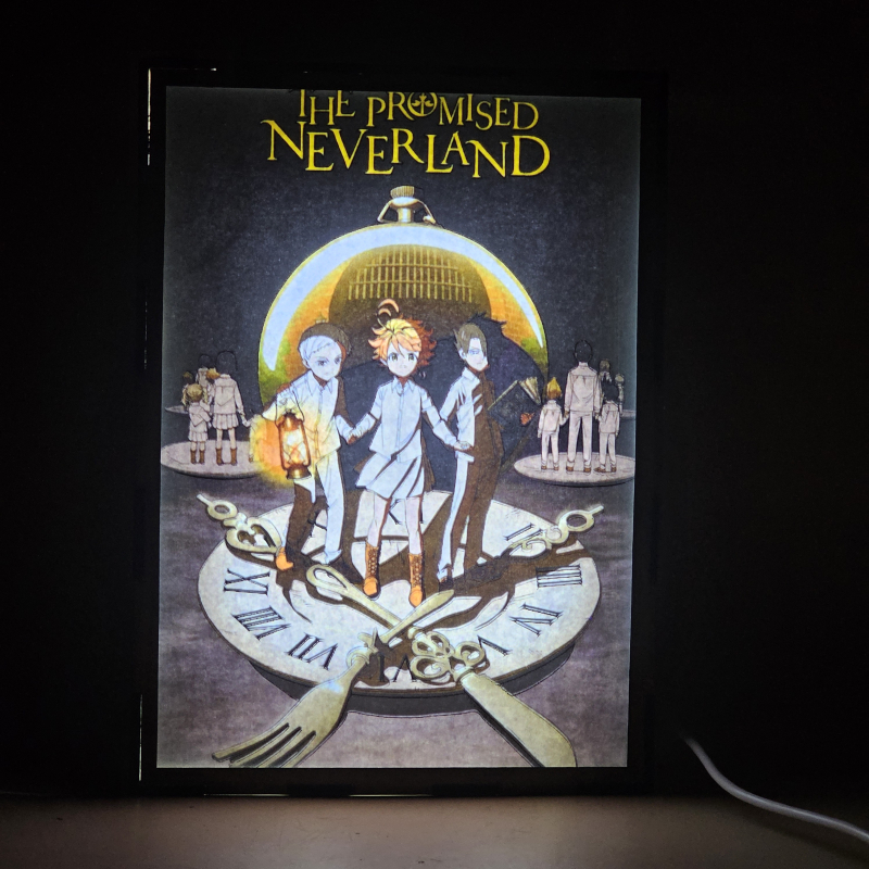 Lámpara ánime/manga  The Promised Neverland  con doble imagen del grupo Norman, Ray y Emma, vista encendida, donde se revela la ilustración completa al encender la luz LED.