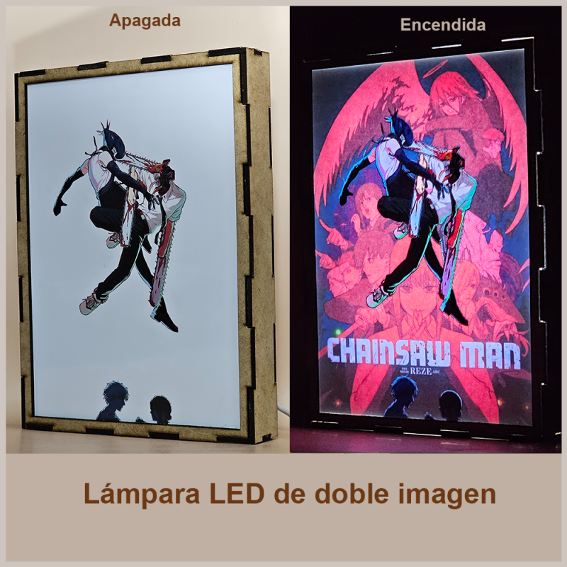 Lámpara ánime/manga  Chainsaw Man  con doble imagen del grupo Denji, Makima, Power, Aki Hayakawa, Himeno, Kobeni Higashiyama, Hirokazu Arai y Reze, vista apagada y encendida, donde se revela la ilustración completa al encender la luz LED.