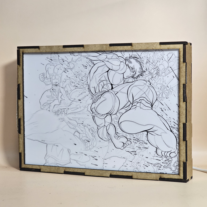 Lámpara ánime/manga  Baki  con doble imagen del personaje Baki Hanma, vista apagada, se esconde la imágen de atras.