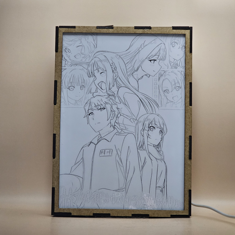 Lámpara ánime/manga  Seishun Buta Yarou  con doble imagen del grupo Sakuta Azusagawa, Mai Sakurajima, Shoko Makinohara, Kaede Azusagawa, Tomoe Koga, Rio Futaba y Nodoka Toyohama, vista apagada, se esconde la imágen de atras.