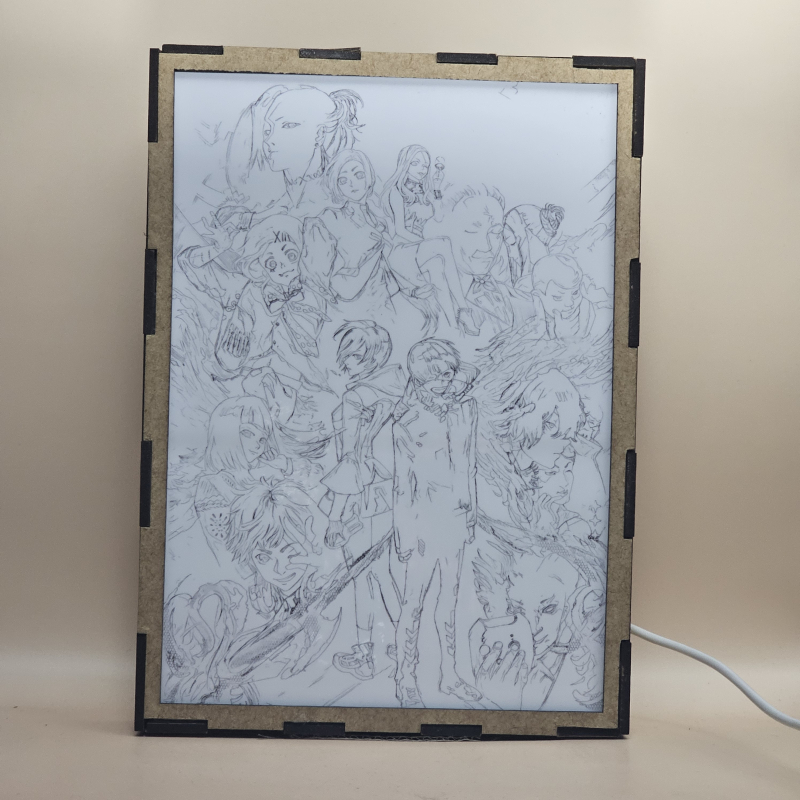 Lámpara ánime/manga  Tokyo Ghoul  con doble imagen del grupo Ken Kaneki, Touka Kirishima, Hide, Juuzou Suzuya, Uta, Rize Kamishiro y Hinami Fueguchi, vista apagada, se esconde la imágen de atras.