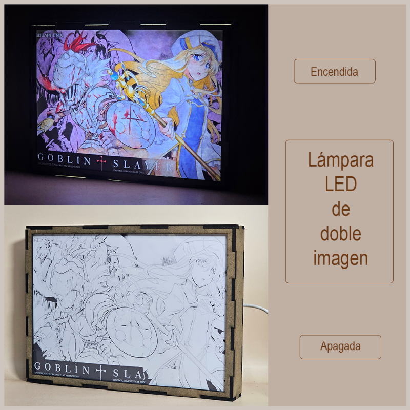 Lámpara ánime/manga  Goblin Slayer  con doble imagen de la pareja Goblin Slayer y Sacerdotisa, vista apagada y encendida, donde se revela la ilustración completa al encender la luz LED.