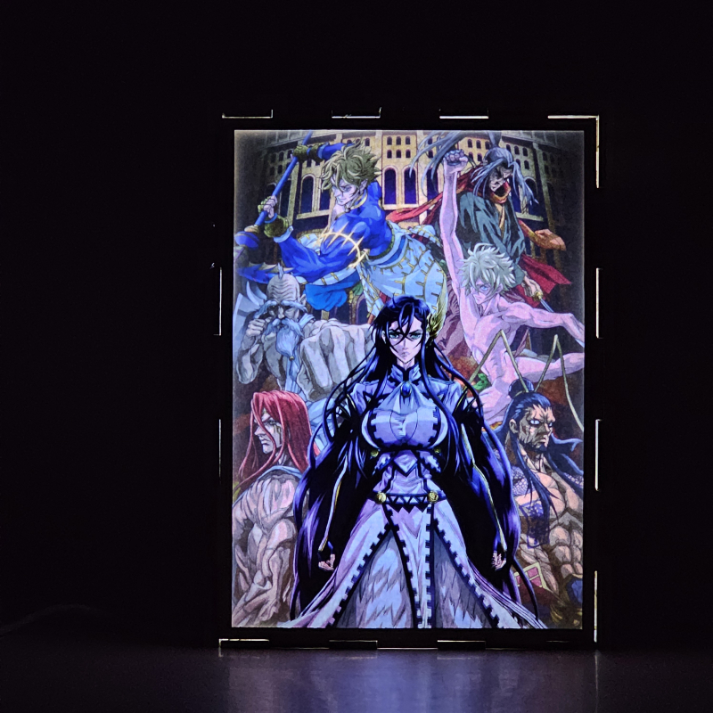 Lámpara ánime/manga  Record Of Ragnarok  con doble imagen del grupo Brunhilda, Kojiro Sasaki, Lü Bu Fengxian, Adán, Zeus, Thor y Poseidón, vista encendida, donde se revela la ilustración completa al encender la luz LED.