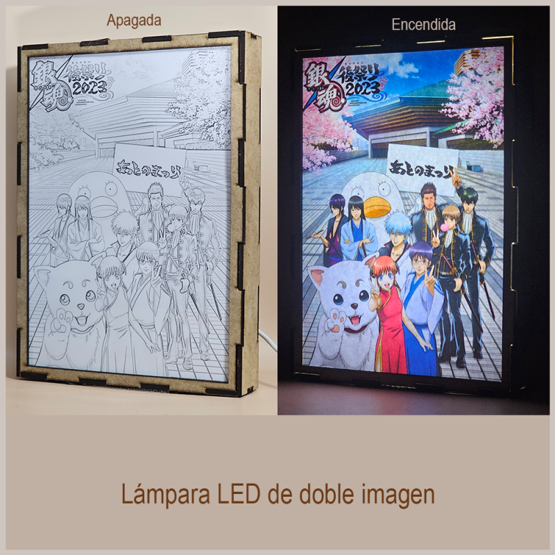 Lámpara ánime/manga  Gintama  con doble imagen del grupo Sakata Gintoki, Shimura Shinpachi, Kagura, Sadaharu, Elizabeth, Katsura Kotarou, Kondou Isao, Hijikata Toushirou, Okita Sougo y Yamazaki Sagaru, vista apagada y encendida, donde se revela la ilustración completa al encender la luz LED.