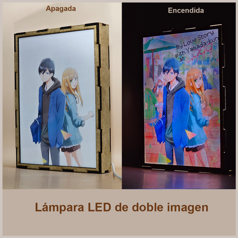 Lámpara ánime/manga  My Love Story with Yamada-kun at Lv999  con doble imagen de la pareja Akane Kinoshita y Akito Yamada, vista apagada y encendida, donde se revela la ilustración completa al encender la luz LED.