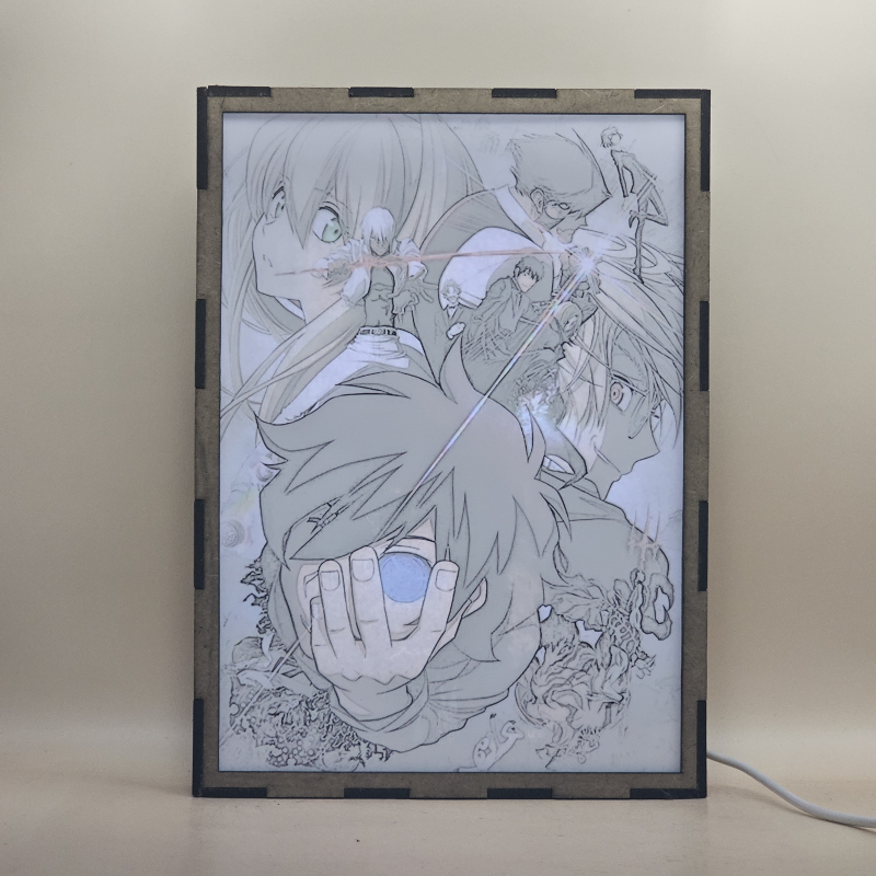 Lámpara ánime/manga  Kekkai Sensen  con doble imagen del grupo Leonardo Watch, Klaus von Reinherz, Zapp Renfro, Mary Macbeth, William Macbeth, Steven A. Starphase, Chain Sumeragi, Gilbert F. Altstein y Sonic, vista encendida, con luz ambiente, donde se revela la ilustración completa al encender la luz LED.