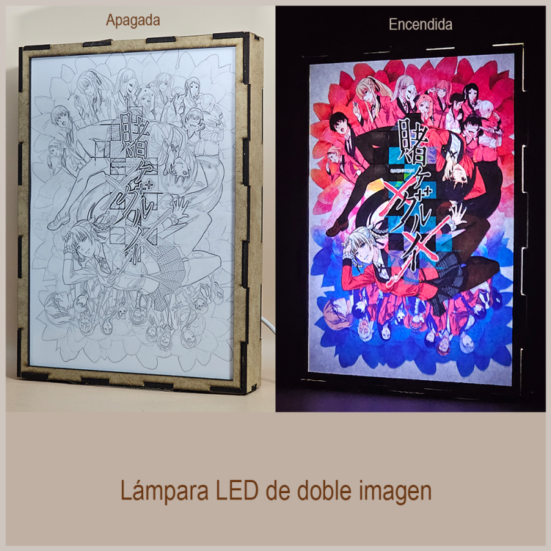 Lámpara ánime/manga  Kakegurui: Compulsive Gambler  con doble imagen del grupo Yumeko Jabami, Mary Saotome, Kirari Momobami, Ririka Momobami, Itsuki Sumeragi, Midari Ikishima, Sayaka Igarashi, Runa Yomozuki y Ryota Suzui, vista apagada y encendida, donde se revela la ilustración completa al encender la luz LED.