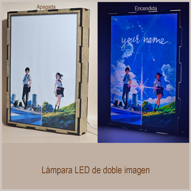 Lámpara ánime/manga  Your Name  con doble imagen de la pareja Taki Tachibana y Mitsuha Miyamizu, vista apagada y encendida, donde se revela la ilustración completa al encender la luz LED.