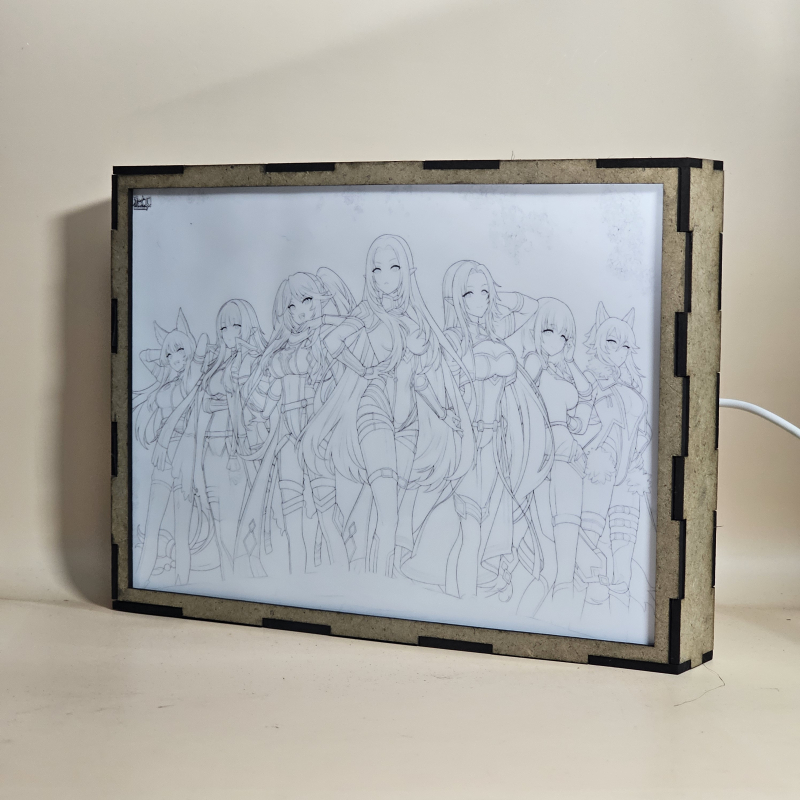 Lámpara ánime/manga  The Eminence in Shadow  con doble imagen del grupo Alpha, Gamma, Beta, Delta, Epsilon, Zeta y Eta, vista apagada, se esconde la imágen de atras.