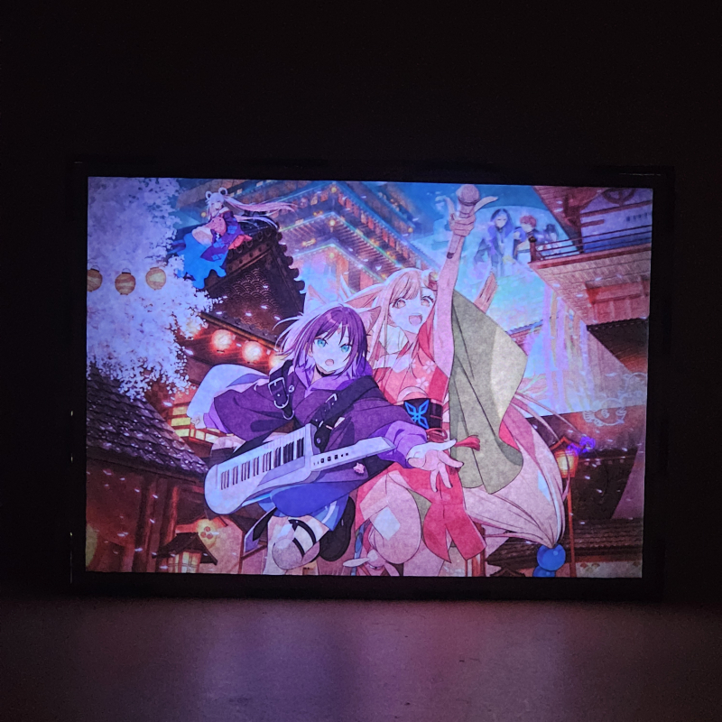 Lámpara ánime/manga  La princesa Kaguya del cosmos  con doble imagen del grupo Iroha Sakayori, Kaguya, Akira Mikado y Roka Ayatsumugi, vista encendida, donde se revela la ilustración completa al encender la luz LED.