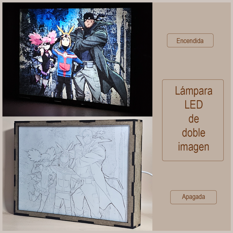 Lámpara ánime/manga  My Hero Academia: Vigilantes  con doble imagen del grupo Koichi Haimawari, Kazuho Haneyama y Iwao Oguro, vista apagada y encendida, donde se revela la ilustración completa al encender la luz LED.