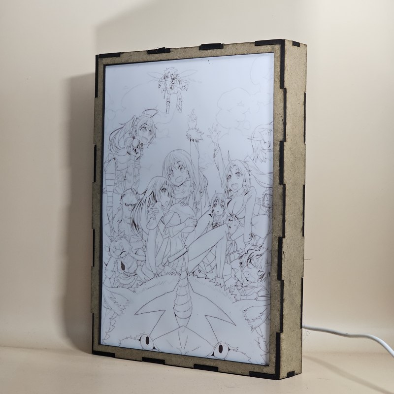 Lámpara ánime/manga  TenSura  con doble imagen del grupo Rimuru Tempest, Shion, Souei, Shuna, Hakurou, Gabiru, Shizue Izawa, Milim Nava, Ranga y Benimaru, vista apagada, se esconde la imágen de atras.