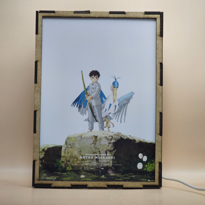 Lámpara ánime  El chico y la garza  con doble imagen del grupo Mahito Maki, Garza Gris y Kiriko, vista apagada, se esconde la imágen de atras.