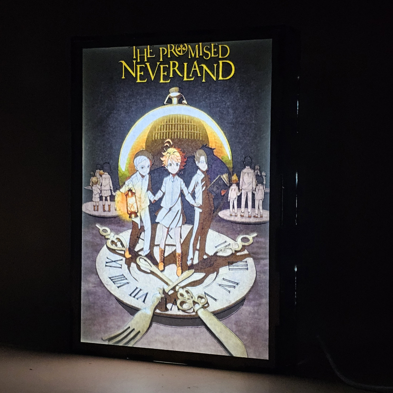 Lámpara ánime/manga  The Promised Neverland  con doble imagen del grupo Norman, Ray y Emma, vista encendida, donde se revela la ilustración completa al encender la luz LED.