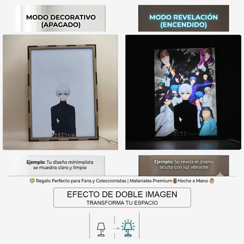 Lámpara ánime/manga  Tokyo Ghoul  con doble imagen del grupo Ken Kaneki, Touka Kirishima, Koutarou Amon, Rize Kamishiro, Akira Mado, Renji Yomo, Hideyoshi Nagachika y Hinami Fueguchi, vista apagada y encendida, donde se revela la ilustración completa al encender la luz LED.