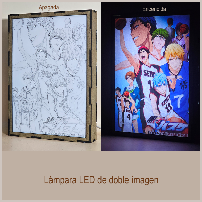 Lámpara ánime/manga  Kuroko's Basketball  con doble imagen del grupo Taiga Kagami, Ryota Kise, Shintaro Midorima, Tetsuya Kuroko, Daiki Aomine, Atsushi Murasakibara, Seijuro Akashi, Riko Aida, Junpei Hyuga y Teppei Kiyoshi, vista apagada y encendida, donde se revela la ilustración completa al encender la luz LED.