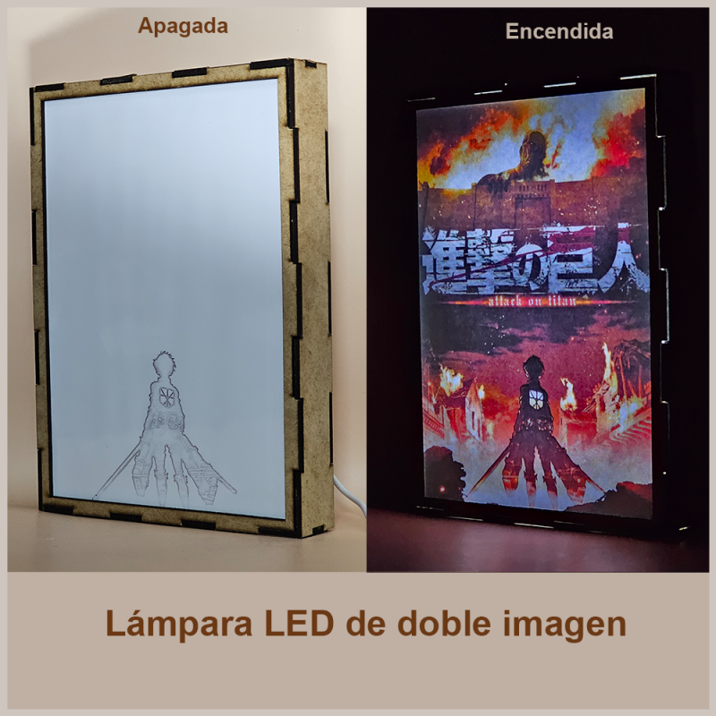 Lámpara ánime/manga  Shingeki no Kyojin  con doble imagen del grupo Eren Yeager y Bertolt Hoover, vista apagada y encendida, donde se revela la ilustración completa al encender la luz LED.