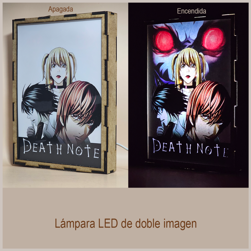 Lámpara ánime/manga  Death Note  con doble imagen del grupo Light Yagami, L, Ryuk y Misa Amane, vista apagada y encendida, donde se revela la ilustración completa al encender la luz LED.