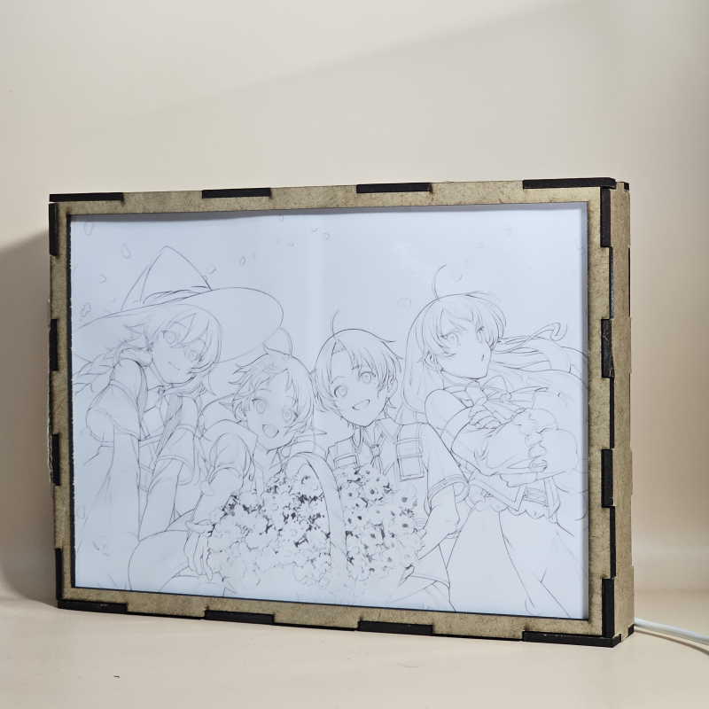 Lámpara ánime/manga  Mushoku Tensei  con doble imagen del grupo Roxy Migurdia, Sylphiette, Rudeus Greyrat y Eris Boreas Greyrat, vista apagada, se esconde la imágen de atras.