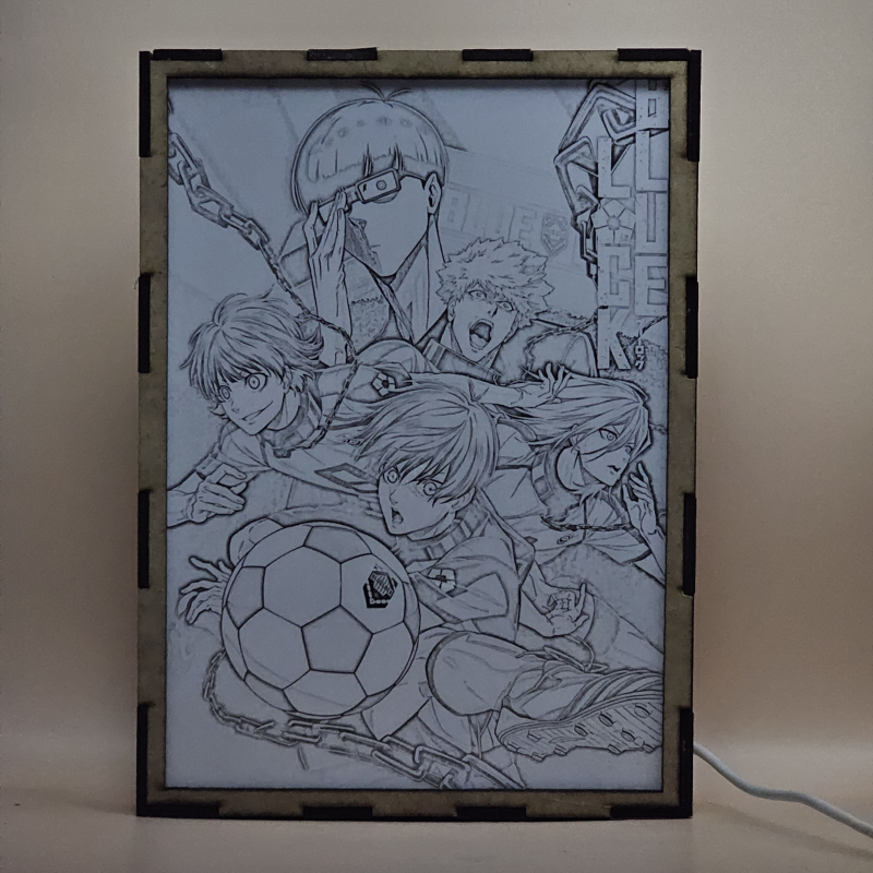 Lámpara ánime/manga  Blue Lock  con doble imagen del grupo Meguru Bachira, Isagi Yoichi, Hyoma Chigiri, Rensuke Kunigami y Jinpachi Ego, vista apagada, se esconde la imágen de atras.