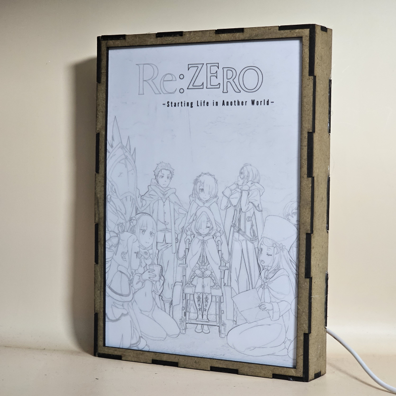 Lámpara ánime/manga  Re:Zero  con doble imagen del grupo Subaru Natsuki, Emilia, Rem, Ram, Beatrice, Patrasche, Julius Juakulius, Anastasia Hoshin y Meili Portroute, vista apagada, se esconde la imágen de atras.