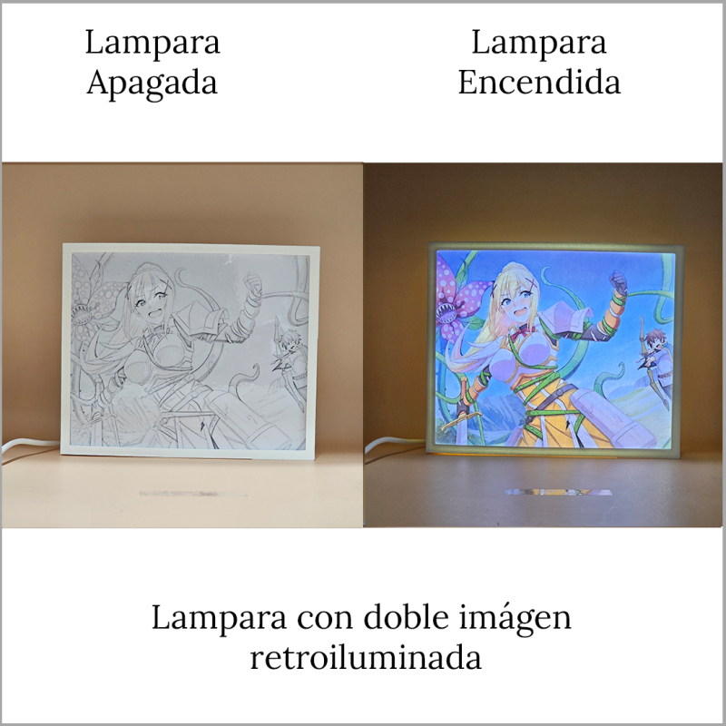 Lámpara ánime/manga  KonoSuba  con doble imagen del personaje Darkness, vista apagada y encendida, donde se revela la ilustración completa al encender la luz LED.