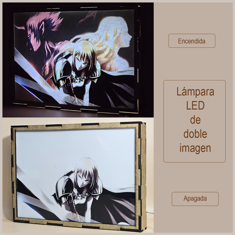 Lámpara ánime/manga  Claymore  con doble imagen del grupo Clare, Teresa y Priscilla, vista apagada y encendida, donde se revela la ilustración completa al encender la luz LED.