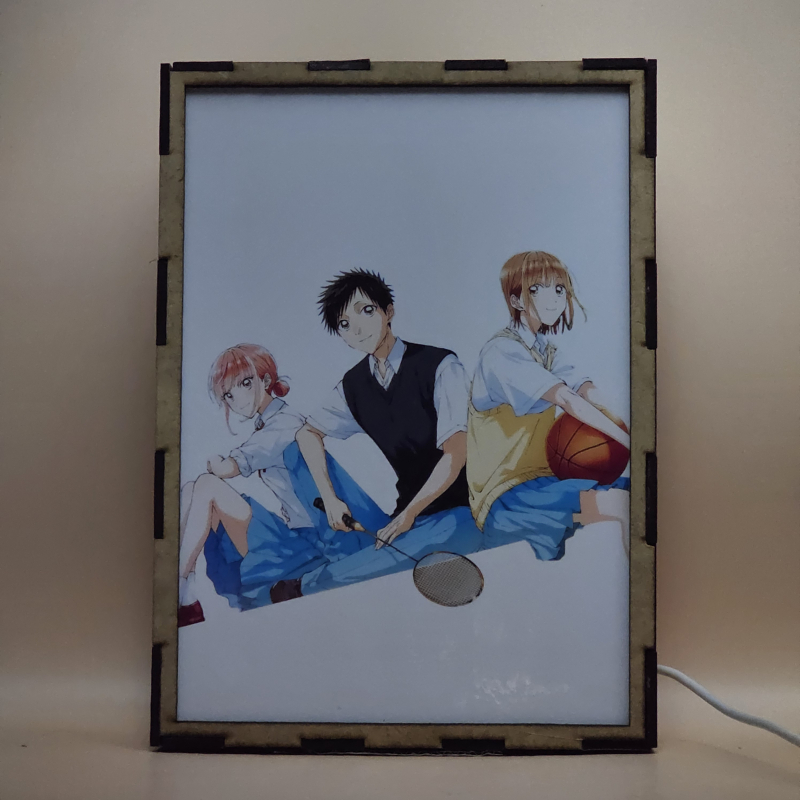 Lámpara ánime/manga  Blue Box  con doble imagen del grupo Taiki Inomata, Chinatsu Kano y Hina Chono, vista apagada, se esconde la imágen de atras.