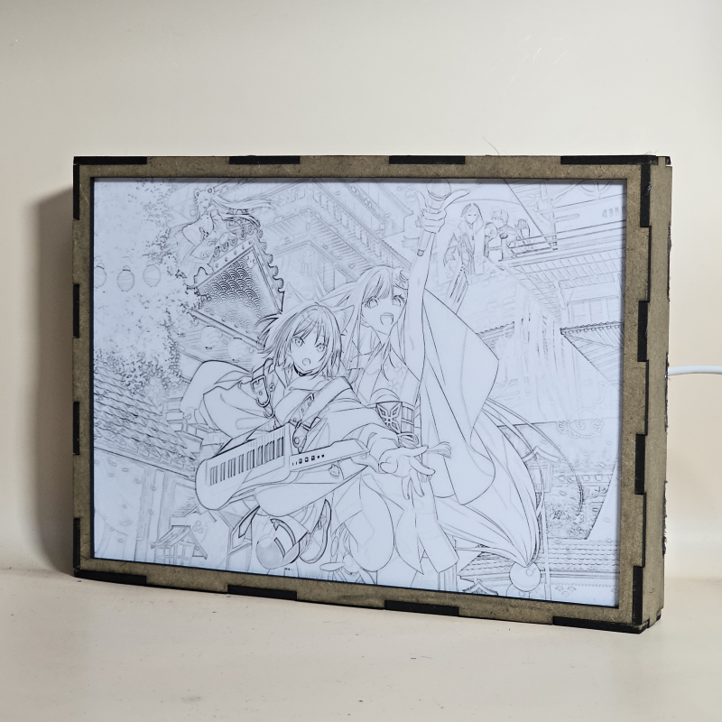 Lámpara ánime/manga  La princesa Kaguya del cosmos  con doble imagen del grupo Iroha Sakayori, Kaguya, Akira Mikado y Roka Ayatsumugi, vista apagada, se esconde la imágen de atras.