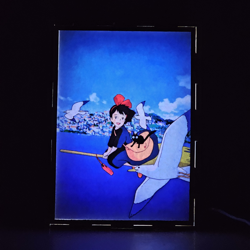 Lámpara ánime  Kiki: Entregas a domicilio  con doble imagen de la pareja Kiki y Jiji, vista encendida, donde se revela la ilustración completa al encender la luz LED.