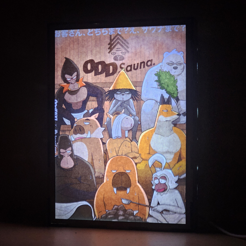 Lámpara ánime/manga  Odd Taxi  con doble imagen del grupo Morsa, Gibón, Gorila, Jabalí, Caballo, Zorro, Babuino, Dobu y Oso Polar, vista encendida, donde se revela la ilustración completa al encender la luz LED.