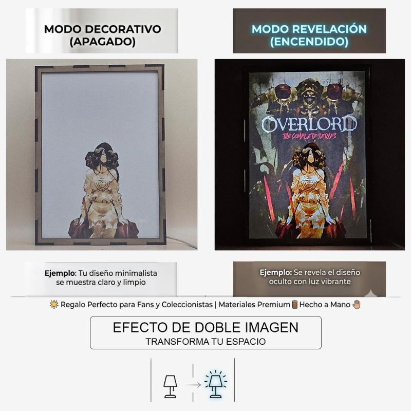 Lámpara ánime/manga  Overlord  con doble imagen de la pareja Albedo y Momonga, vista apagada y encendida, donde se revela la ilustración completa al encender la luz LED.