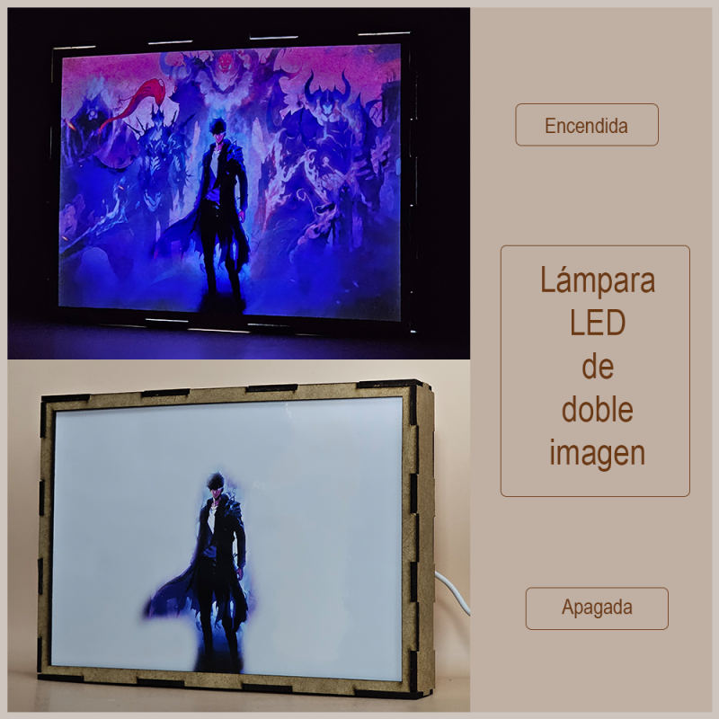 Lámpara ánime/manga  Solo Leveling  con doble imagen del grupo Kim Chul, Tank, Igris, Kargalgan y Sung Jinwoo, vista apagada y encendida, donde se revela la ilustración completa al encender la luz LED.