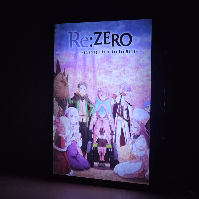 Lámpara ánime/manga  Re:Zero  con doble imagen del grupo Subaru Natsuki, Emilia, Rem, Ram, Beatrice, Patrasche, Julius Juakulius, Anastasia Hoshin y Meili Portroute, vista encendida, donde se revela la ilustración completa al encender la luz LED.