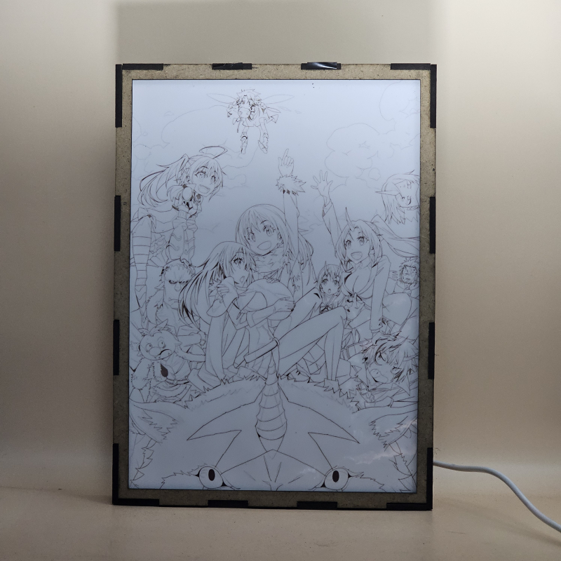 Lámpara ánime/manga  TenSura  con doble imagen del grupo Rimuru Tempest, Shion, Souei, Shuna, Hakurou, Gabiru, Shizue Izawa, Milim Nava, Ranga y Benimaru, vista apagada, se esconde la imágen de atras.