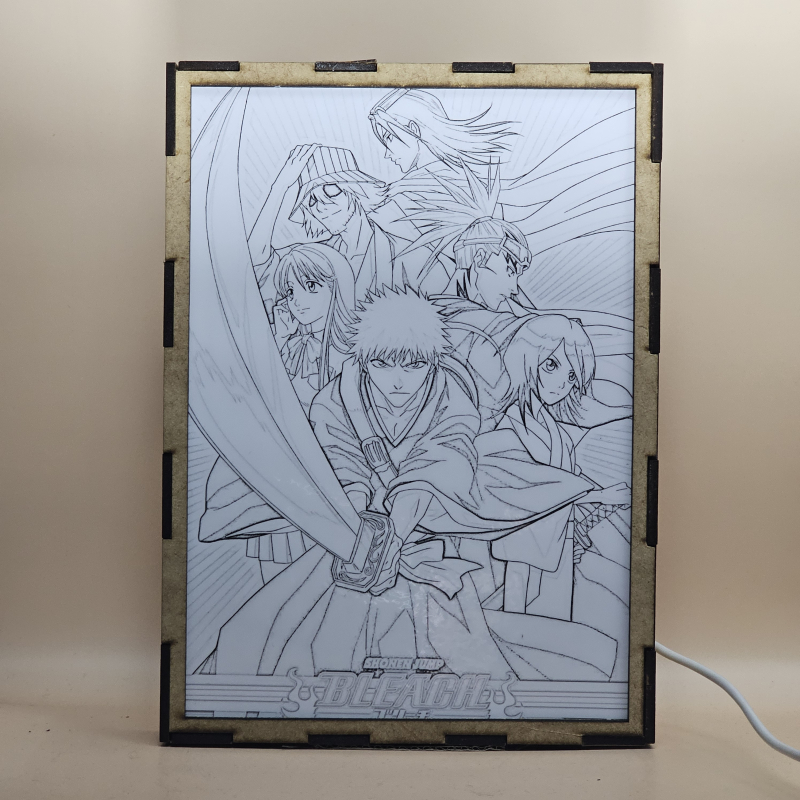 Lámpara ánime/manga  Bleach  con doble imagen del grupo Ichigo Kurosaki, Rukia Kuchiki, Orihime Inoue, Renji Abarai, Kisuke Urahara y Byakuya Kuchiki, vista apagada, se esconde la imágen de atras.