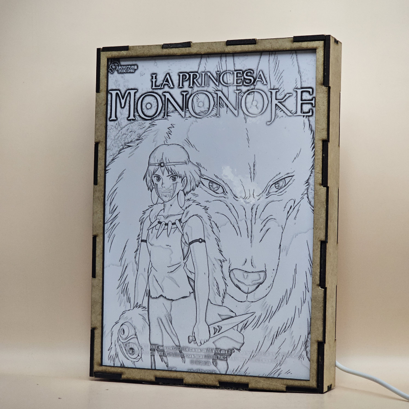 Lámpara ánime  La Princesa Mononoke  con doble imagen de la pareja San y Moro, vista apagada, se esconde la imágen de atras.