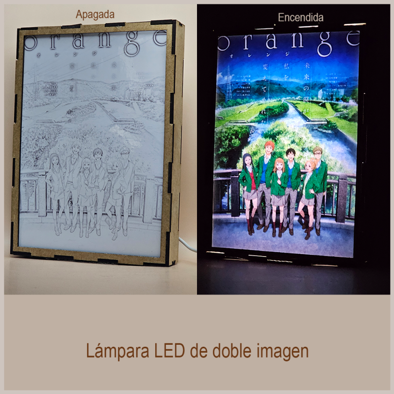 Lámpara ánime/manga  Orange  con doble imagen del grupo Naho Takamiya, Kakeru Naruse, Azusa Murasaka, Hiroto Suwa, Saku Hagita y Takako Chino, vista apagada y encendida, donde se revela la ilustración completa al encender la luz LED.