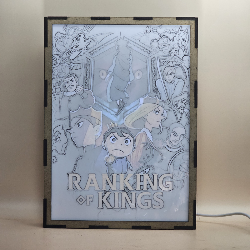 Lámpara ánime/manga  Ousama Ranking  con doble imagen del grupo Bojji, Kage, Hiling, Domas y Miranjo, vista encendida, con luz ambiente, donde se revela la ilustración completa al encender la luz LED.