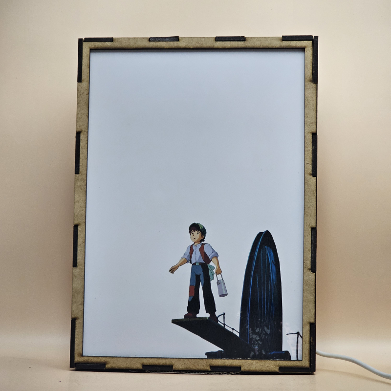 Lámpara ánime  Tenkū no Shiro Laputa  con doble imagen de la pareja Sheeta y Pazu, vista apagada, se esconde la imágen de atras.