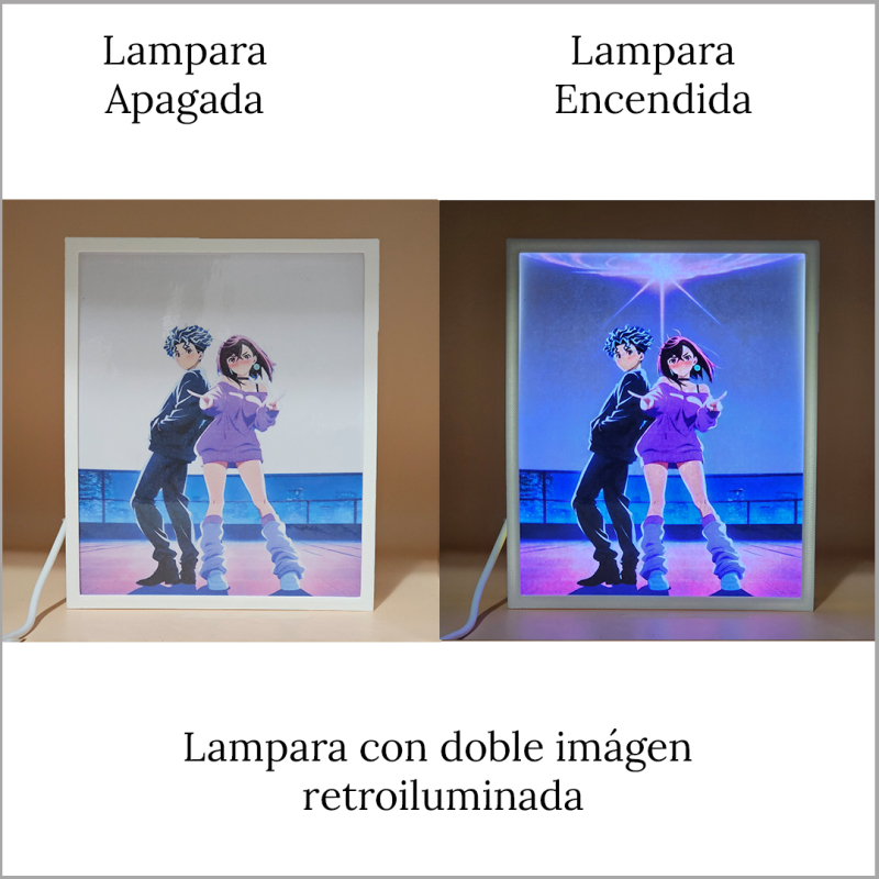Lámpara ánime/manga  DAN DA DAN  con doble imagen de la pareja Okarun y Momo Ayase, vista apagada y encendida, donde se revela la ilustración completa al encender la luz LED.