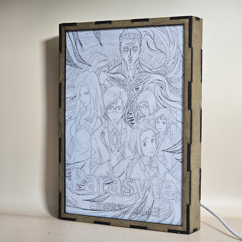 Lámpara ánime/manga  Parasyte  con doble imagen del grupo Migi, Satomi Murano, Ryoko Tamiya, Kana Kimishima, Yuko Tachikawa, Gotou y Shinichi Izumi, vista apagada, se esconde la imágen de atras.