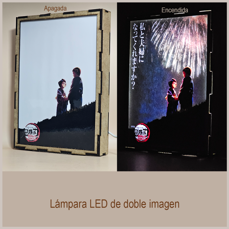 Lámpara ánime/manga  Kimetsu no Yaiba  con doble imagen de la pareja Akaza y Koyuki, vista apagada y encendida, donde se revela la ilustración completa al encender la luz LED.
