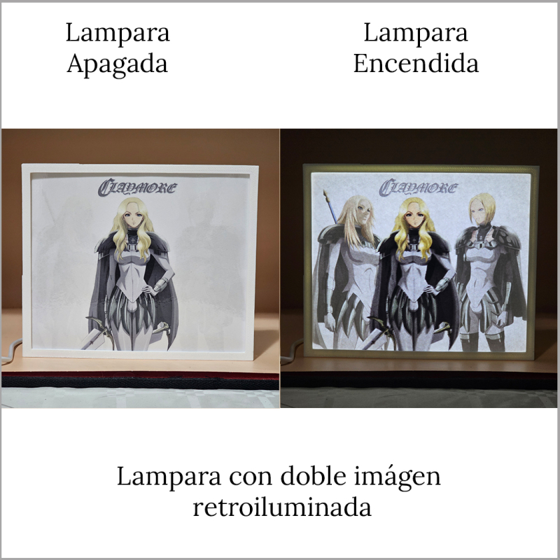 Lámpara ánime/manga  Claymore  con doble imagen del grupo Teresa, Miria y Helen, vista apagada y encendida, donde se revela la ilustración completa al encender la luz LED.