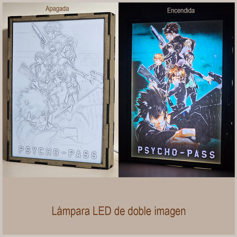 Lámpara ánime/manga  Psycho-Pass  con doble imagen del grupo Shinya Kogami, Akane Tsunemori, Nobuchika Ginoza, Shūsei Kagari, Tomomi Masaoka, Shion Karanomori y Yayoi Kunizuka, vista apagada y encendida, donde se revela la ilustración completa al encender la luz LED.