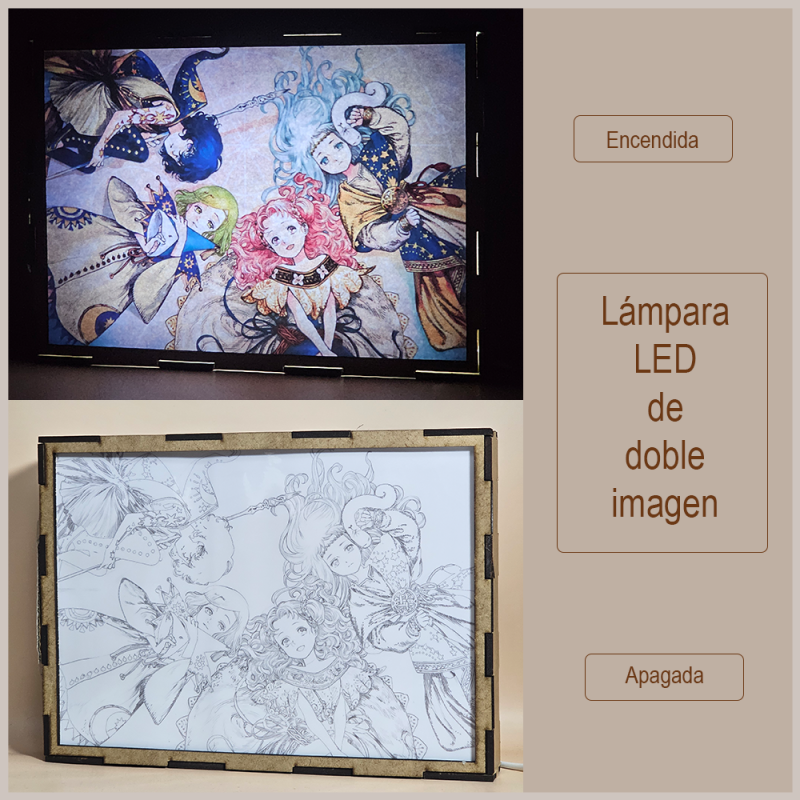 Lámpara ánime/manga  Witch Hat Atelier  con doble imagen del grupo Coco, Agott, Tetia y Richeh, vista apagada y encendida, donde se revela la ilustración completa al encender la luz LED.